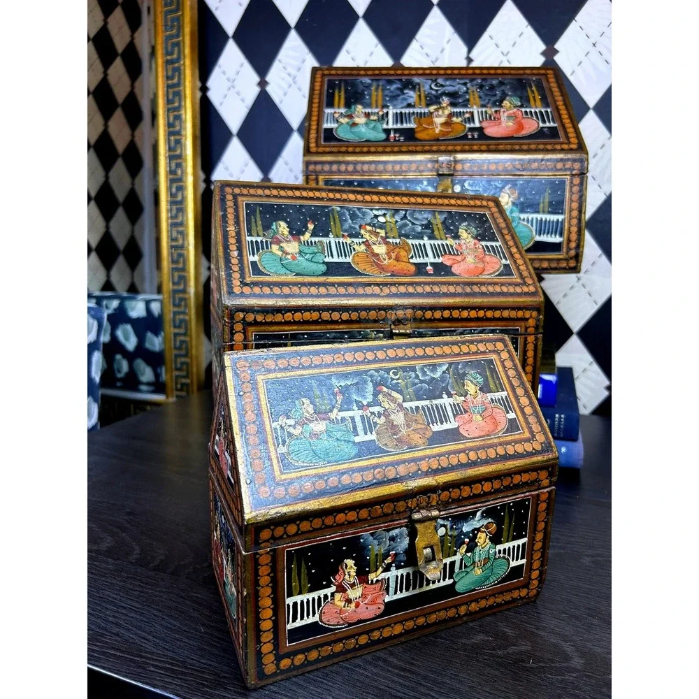 Vintage Indian Hand Painted Nesting Wooden Box Set of 3 Folk Art Storage Chests